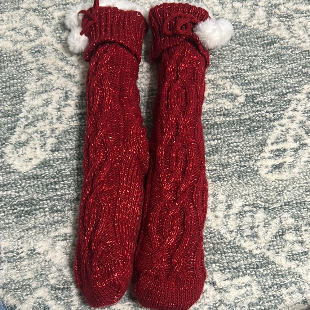 Red and White Cable Knit Pom-Pom Socks